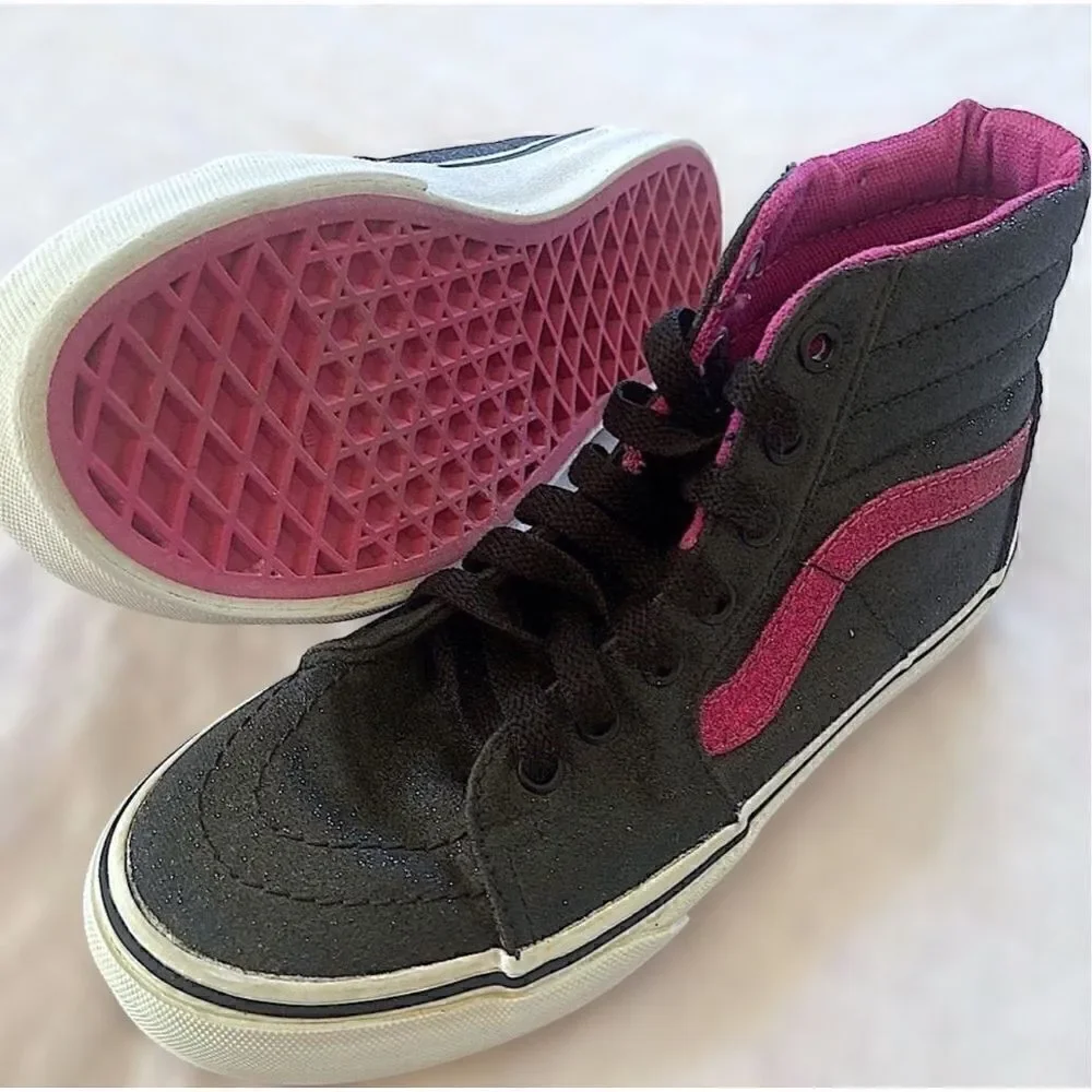 Vans Sk8-Hi Black And Pink Glitter High Top Sneakers Kids Size 2.5